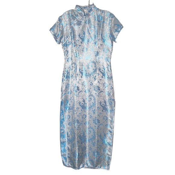 Whitby Dresses & Skirts - Whitby Cheongsam Dress Women Size 38 Silver Blue‎ Floral Brocade Qipao Maxi